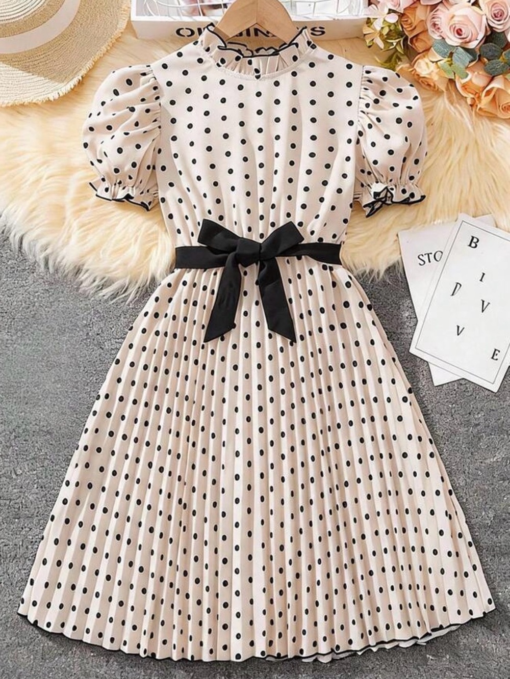 Classic Polka Dot Midi Dress with Black Bow